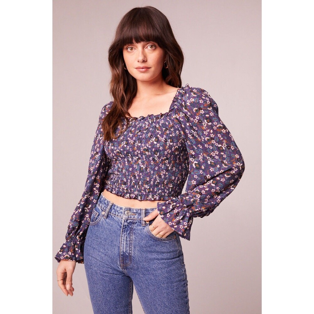 Band of the Free Agathe Purple Floral Smocked Top Size S NWT